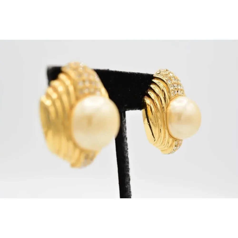 Ciner Vintage Crystal Clip On Earrings Pearl Gold Bold Chunky Heavy Signed BinAG